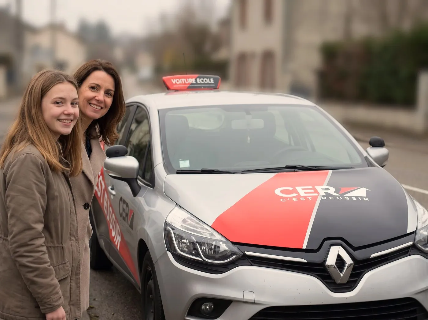 Une jeune conductrice et sa mère devant la voiture-école
