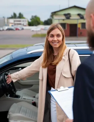 Une élève à la portière de la voiture d’auto-école