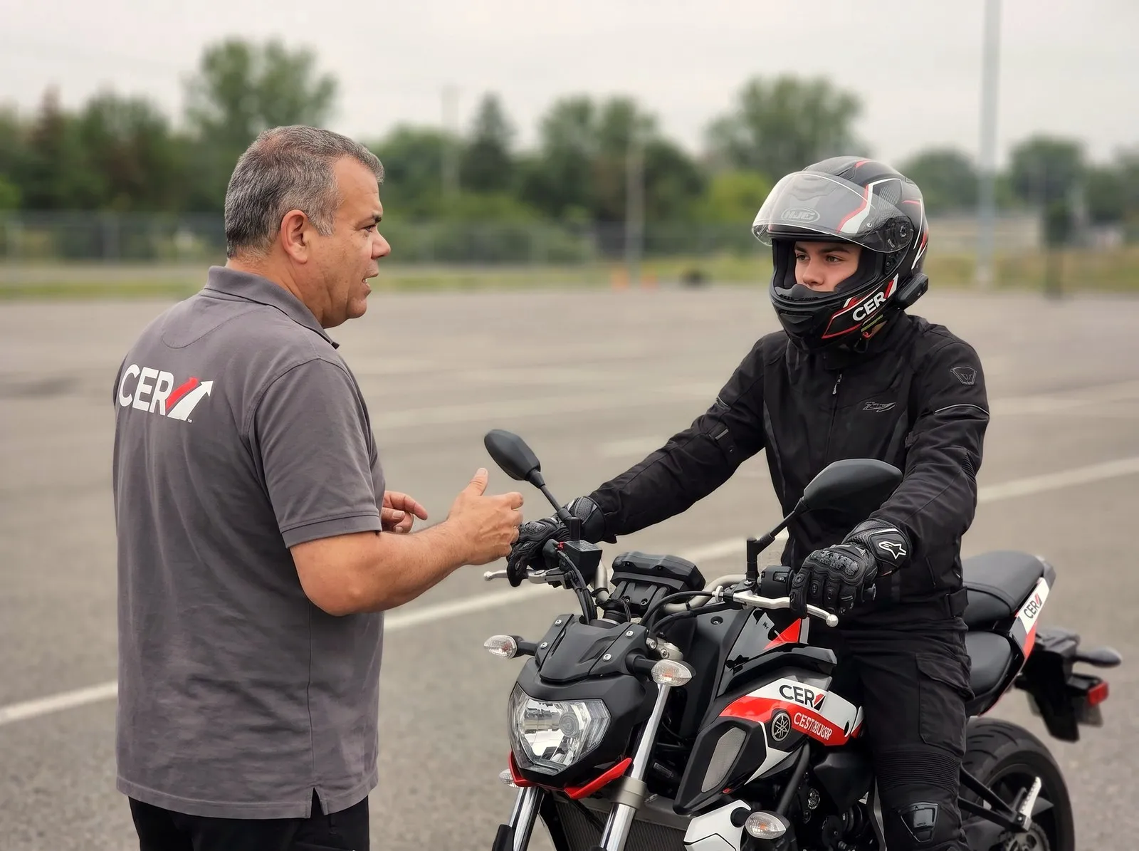 Karl, moniteur moto, briefe un élève en tenue sur la piste de formation