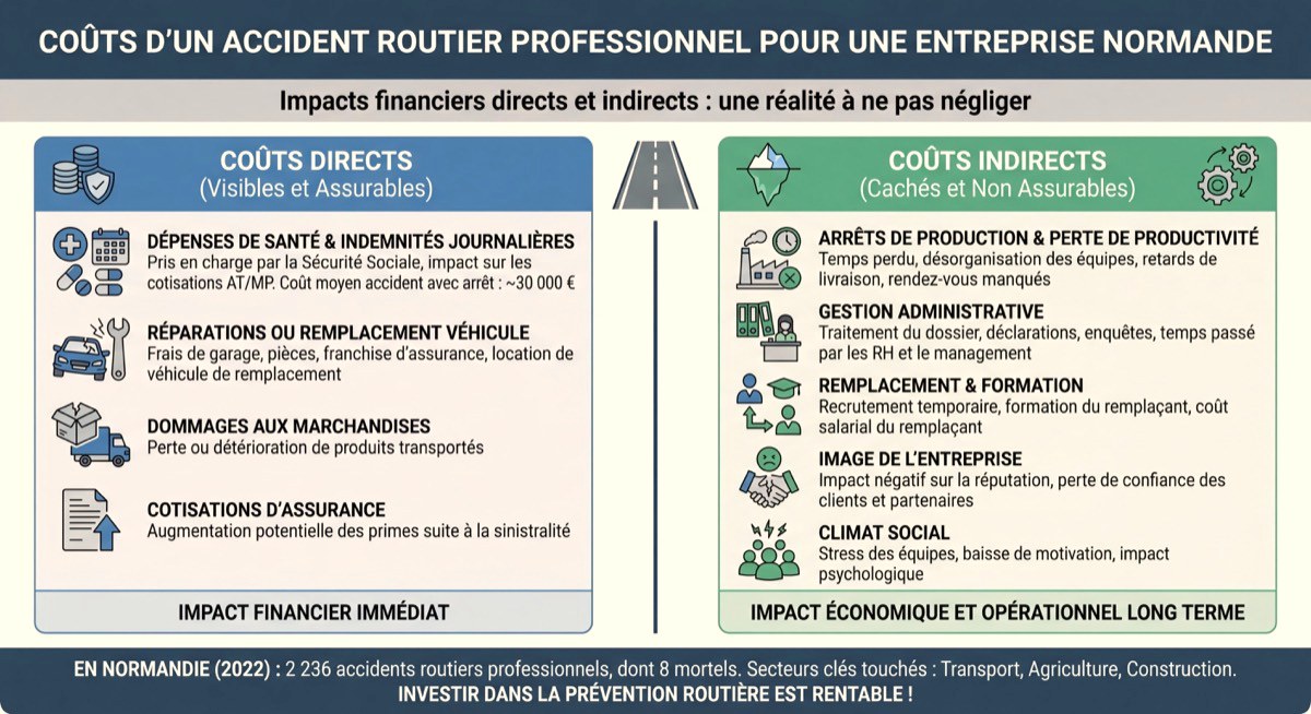 Infographie illustrant les coûts directs et indirects d'un accident routier professionnel pour une entreprise normande
