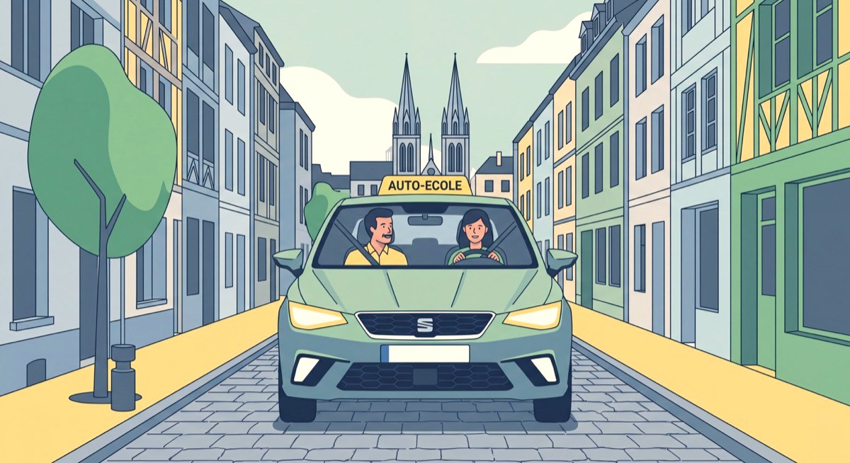Moniteur de conduite et apprenti conducteur en voiture-école dans les rues de Rouen, leçon de conduite en milieu urbain