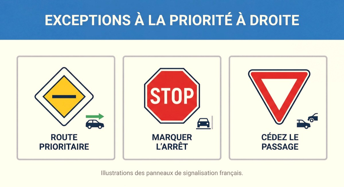 Tableau de panneaux de signalisation français illustrant les exceptions à la priorité à droite : panneau losange jaune, stop, cédez-le-passage