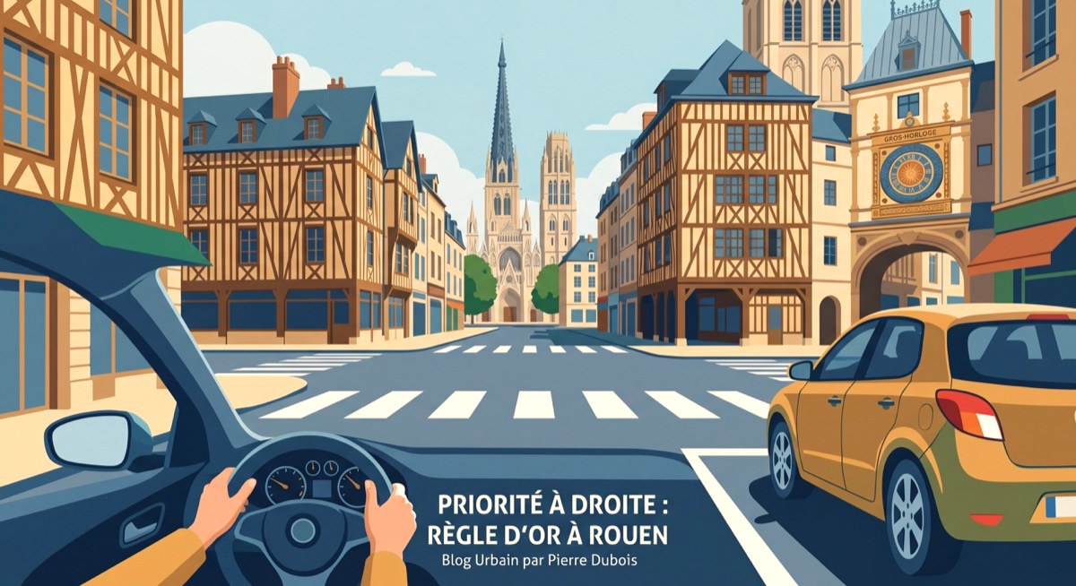 Intersection urbaine sans signalisation à Rouen illustrant la règle de priorité à droite, vue depuis le siège conducteur