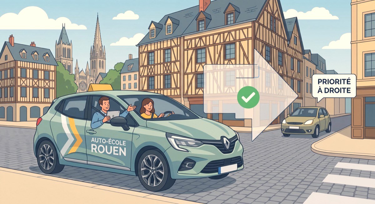 Moniteur de conduite et élève en leçon de conduite dans les rues de Rouen, apprentissage de la priorité à droite en situation réelle