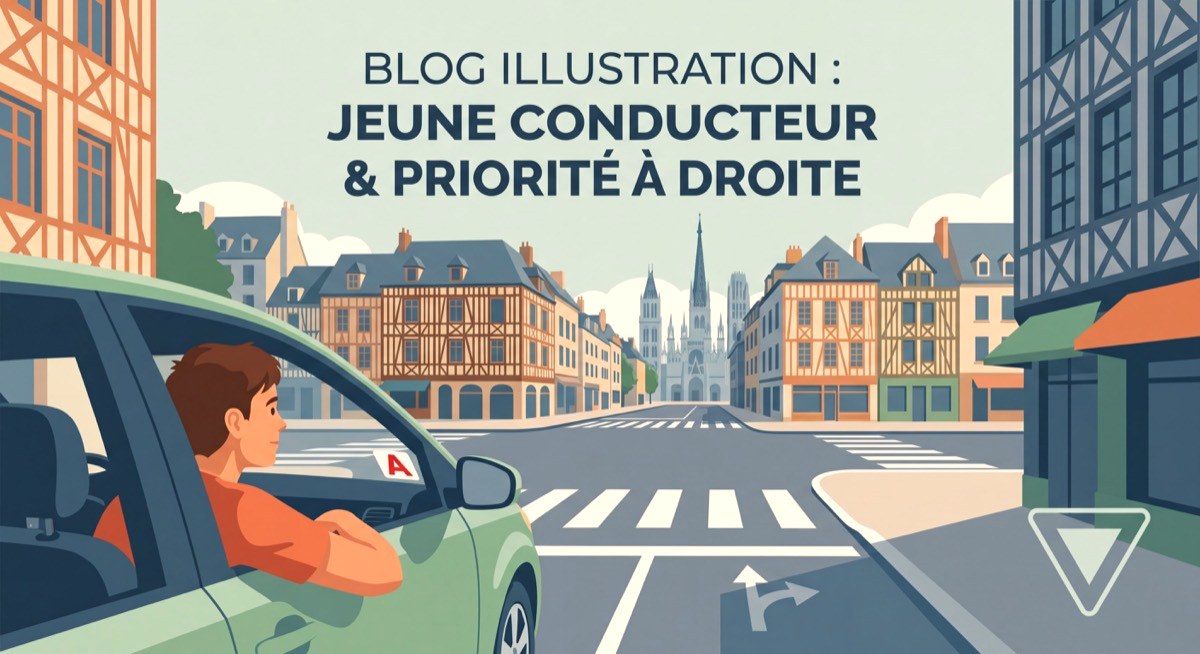 Jeune conducteur apprenti au volant observant une intersection urbaine sans signalisation à Rouen, priorité à droite
