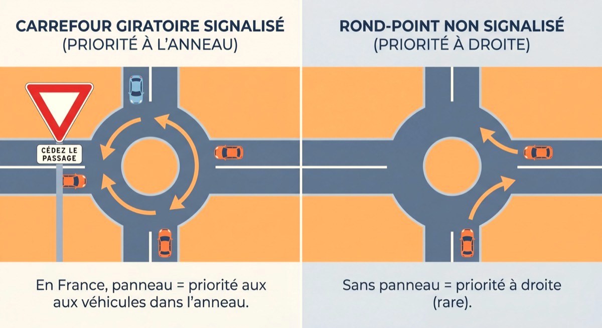 Panneau cédez-le-passage à l'entrée d'un carrefour giratoire signalisé en France, différence avec un rond-point non signalisé