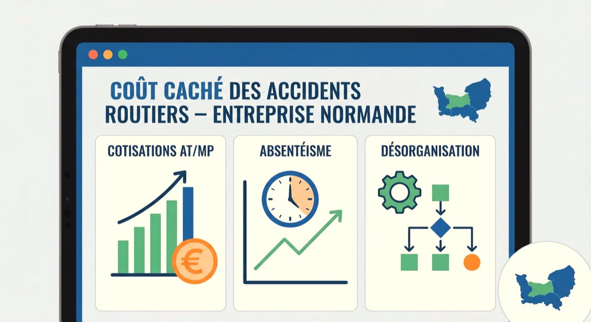 Tableau de bord financier illustrant le coût caché des accidents routiers pour une entreprise normande : cotisations AT/MP, absentéisme, désorganisation