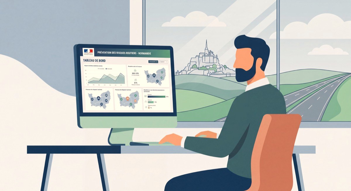 Dirigeant d'entreprise normand consultant un tableau de bord de prévention des risques routiers professionnels en Normandie