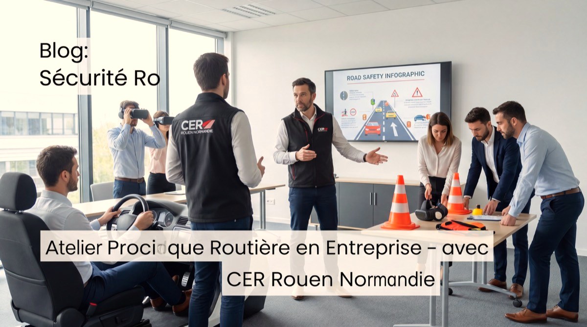 Formateur CER Rouen Normandie animant un atelier de sensibilisation aux risques routiers en entreprise, avec des salariés en situation de formation pratique