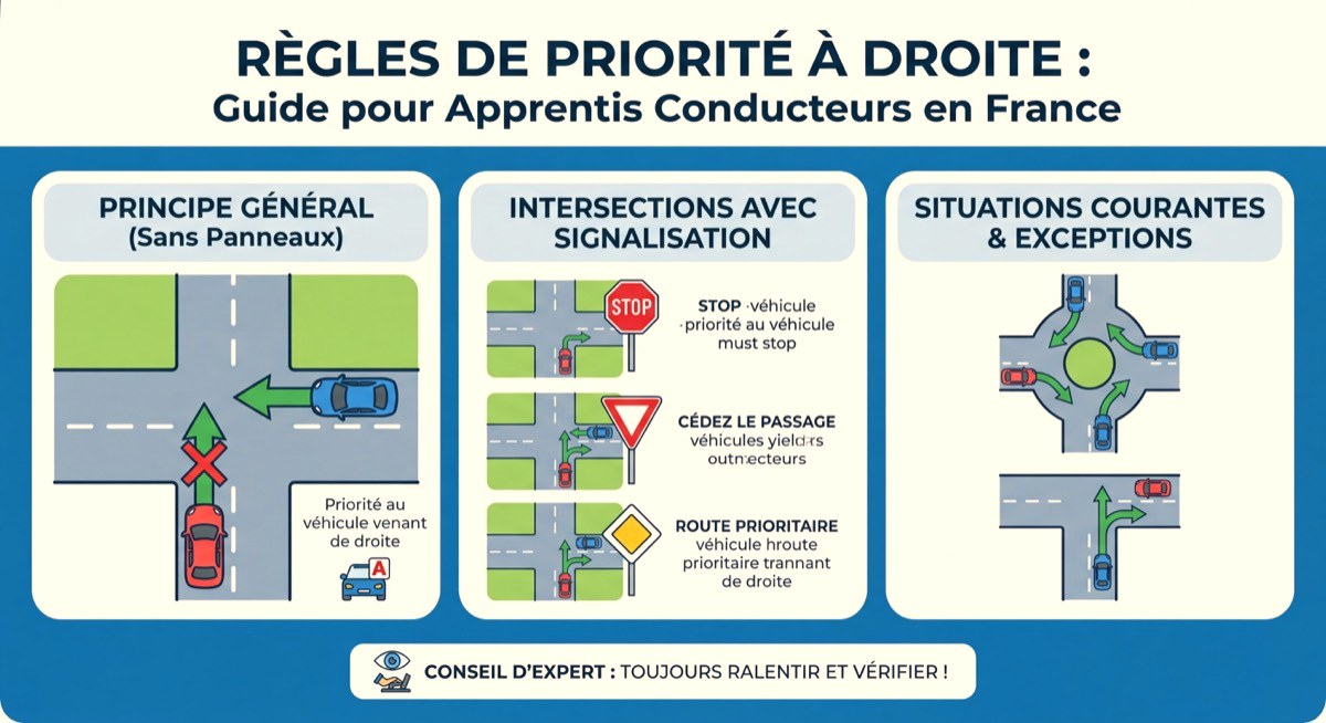 Infographie pédagogique illustrant les règles de priorité à droite en France avec des exemples d'intersections, panneaux et situations courantes pour les apprentis conducteurs