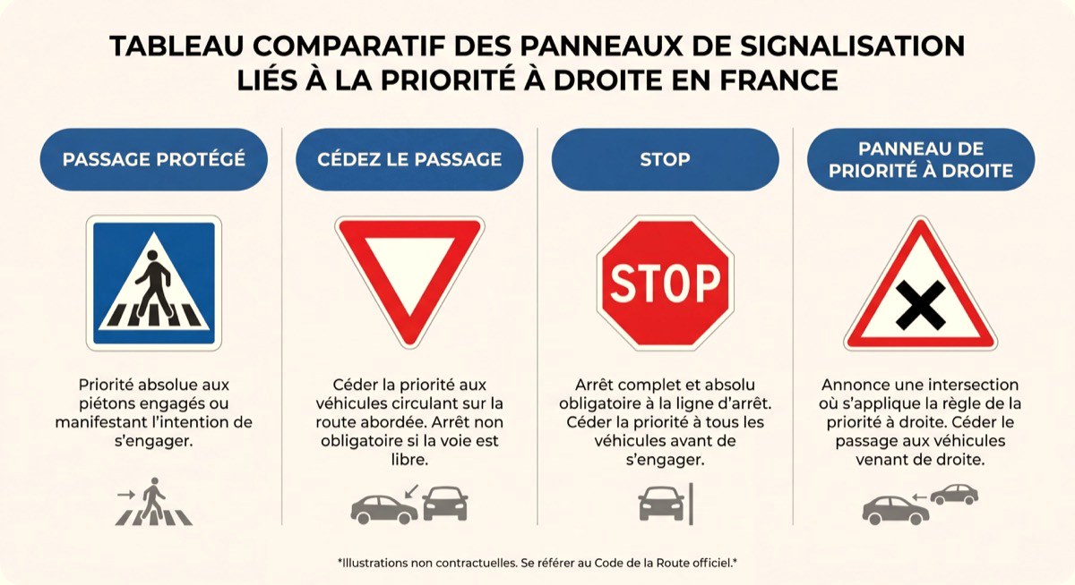Tableau comparatif des panneaux de signalisation liés à la priorité à droite en France : passage protégé, cédez le passage, stop, panneau de priorité à droite