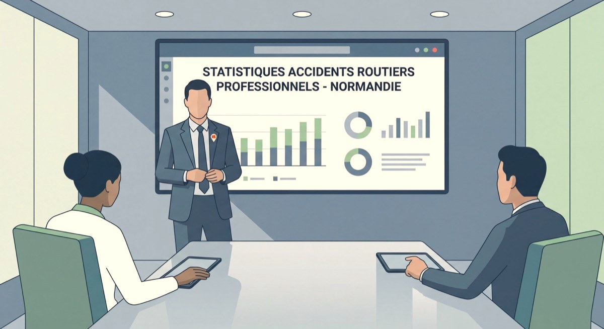 Dirigeant d'entreprise normand analysant des statistiques d'accidents routiers professionnels en salle de réunion