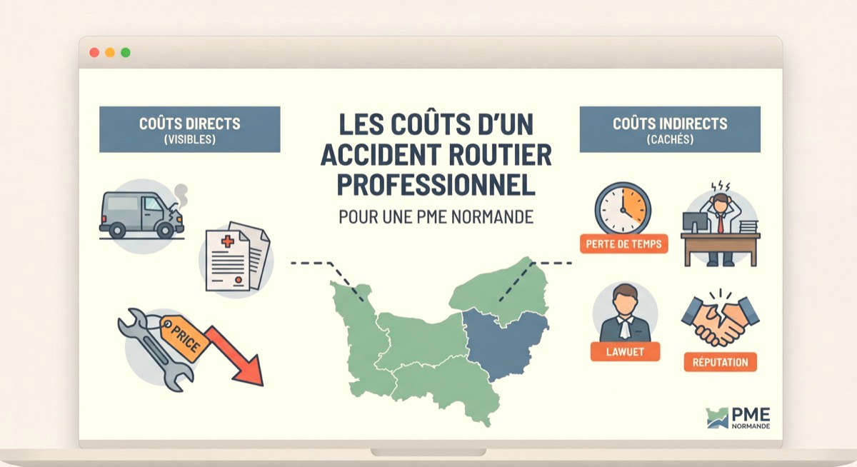 Illustration des coûts directs et indirects d'un accident routier professionnel pour une PME normande