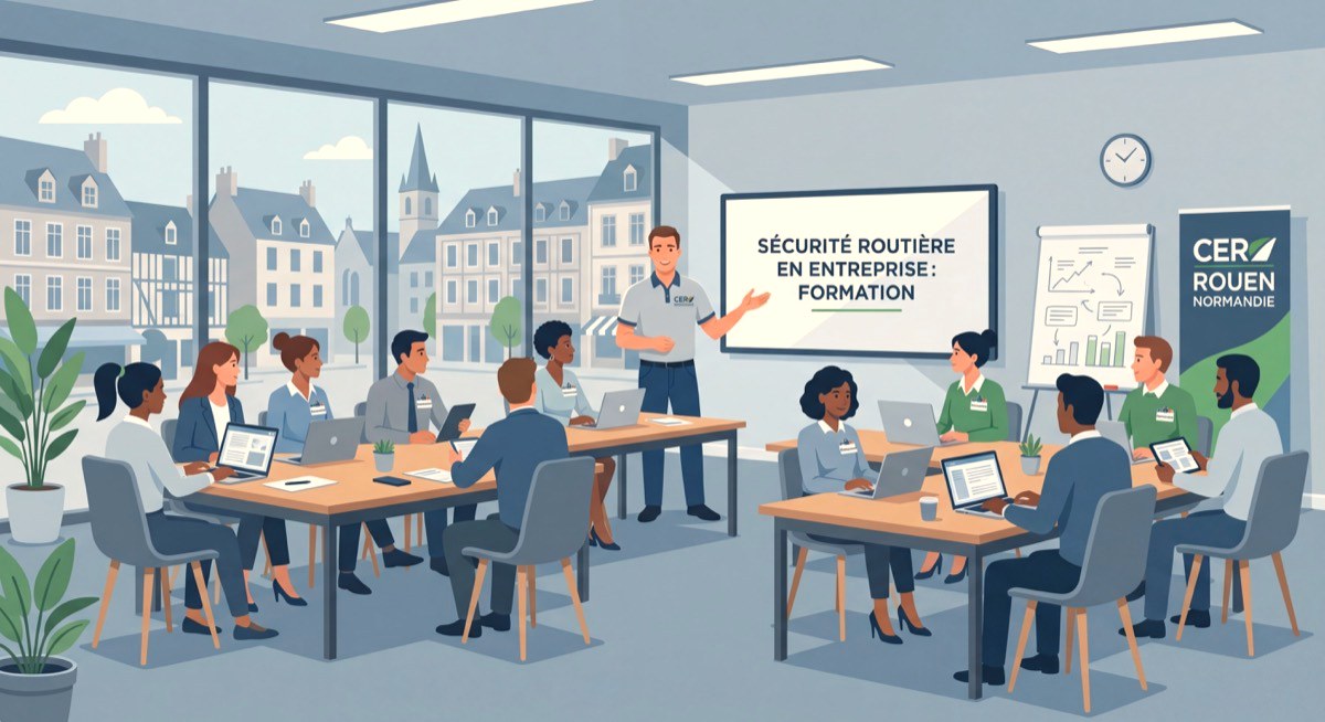 Formateur CER Rouen Normandie animant une session de formation sécurité routière en entreprise avec des salariés normands