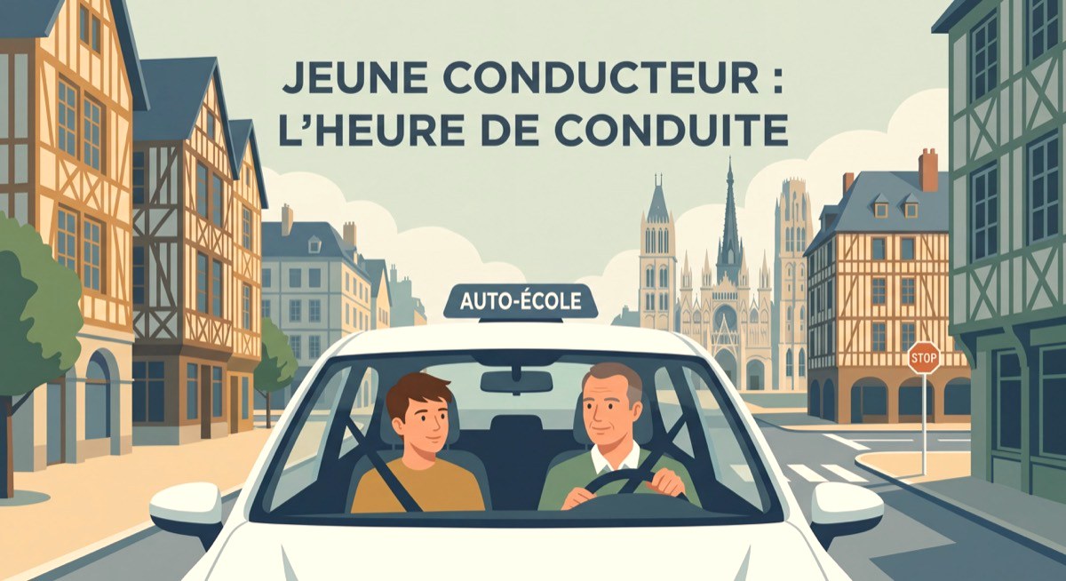 Jeune conducteur apprenti en leçon de conduite dans les rues de Rouen avec son moniteur, approchant d'une intersection non signalisée