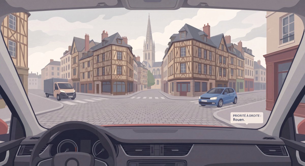 Intersection urbaine sans signalisation à Rouen illustrant la priorité à droite, vue depuis l'habitacle d'une voiture en approche