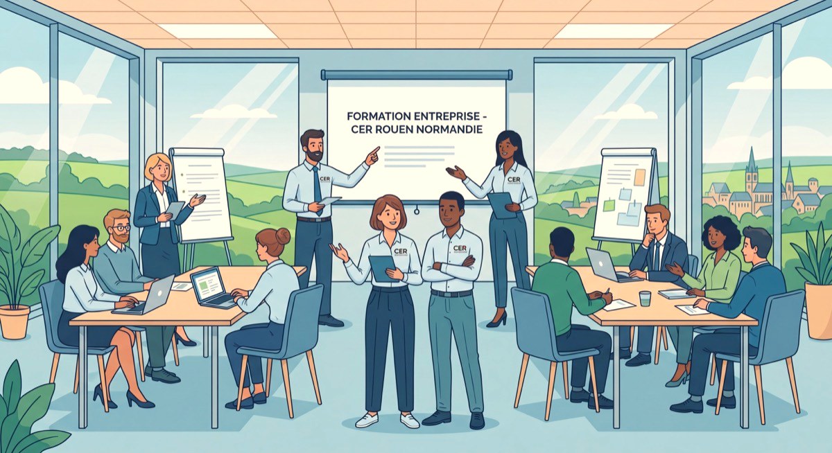 Équipe de formateurs CER Rouen Normandie lors d'une session de formation en entreprise avec des salariés normands