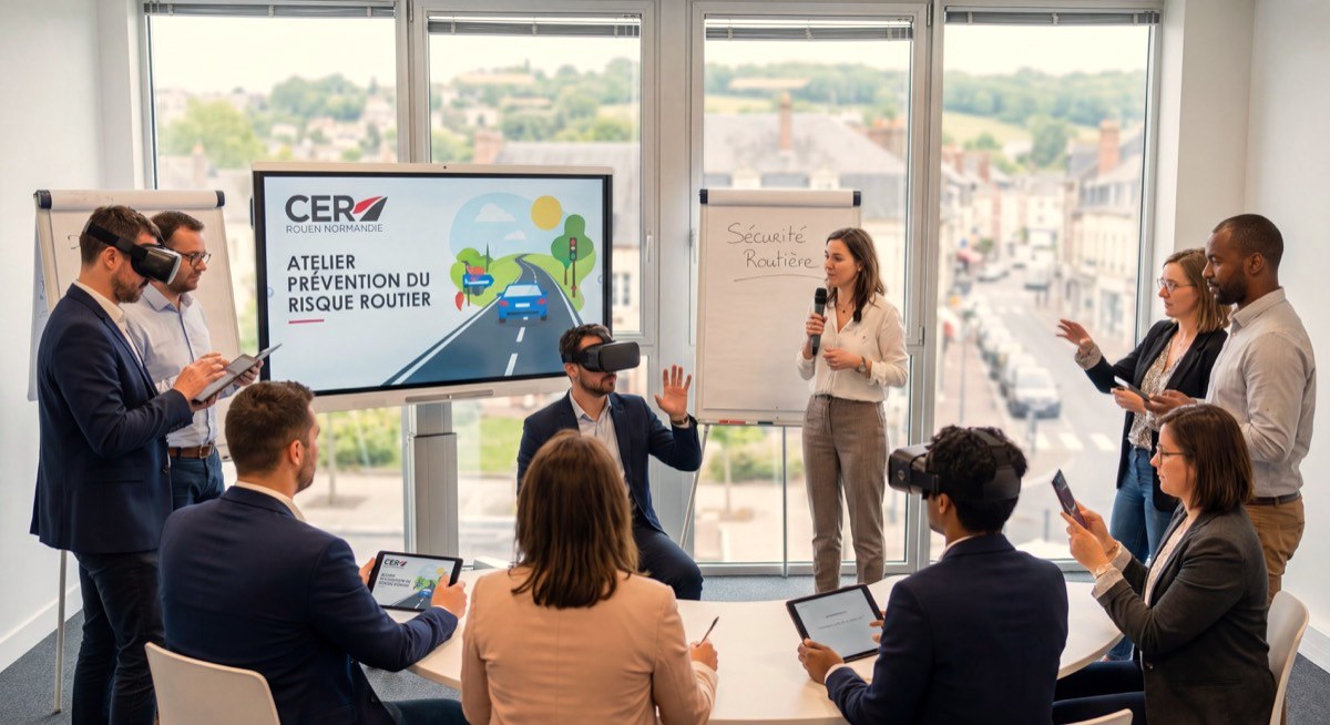 Groupe de salariés d'une entreprise normande participant à un atelier interactif de prévention du risque routier animé par CER Rouen Normandie