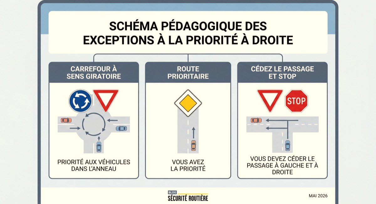 Schéma pédagogique des exceptions à la priorité à droite avec panneaux de signalisation français