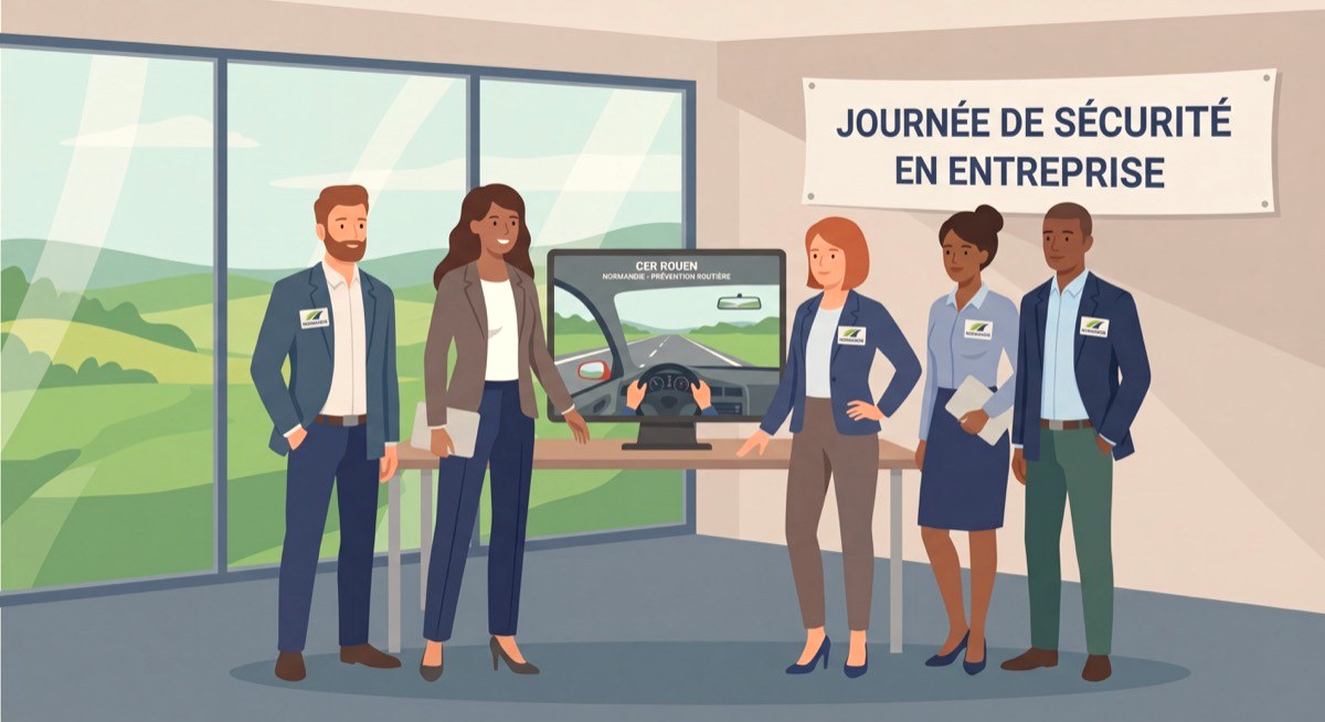Équipe de salariés normands participant à une journée de prévention routière organisée par CER Rouen Normandie dans les locaux d'une entreprise