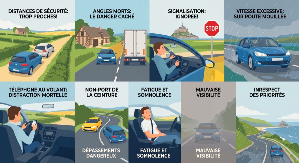 Illustration pédagogique des 10 comportements dangereux au volant — distances de sécurité, angles morts, signalisation — dans un contexte de conduite en Normandie