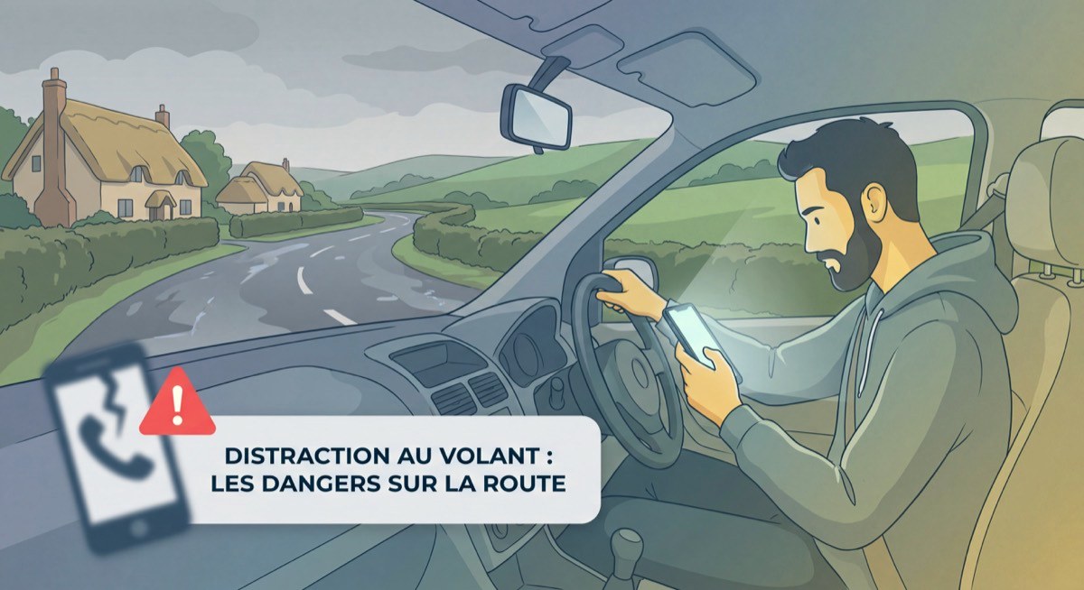 Conducteur distrait regardant son téléphone au volant sur une route normande, illustration des dangers du comportement au volant